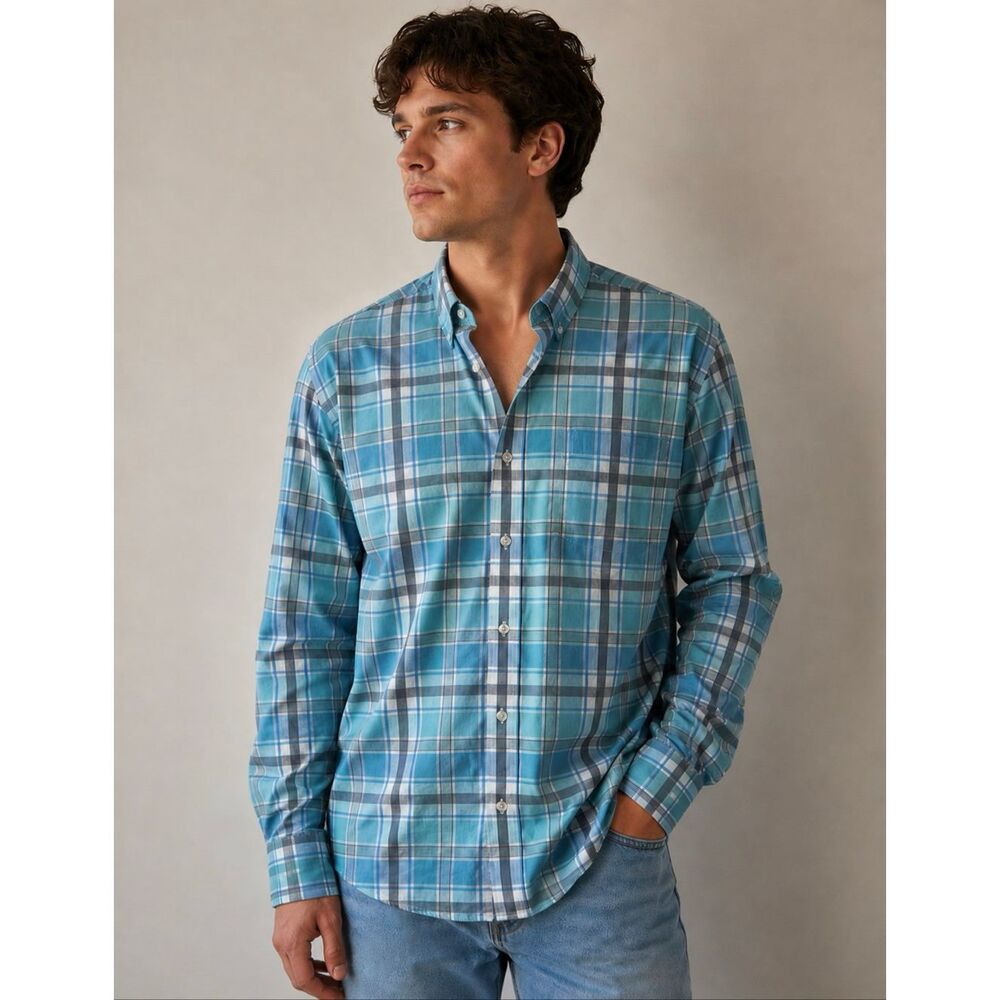 Southern Pines Shirt Mens L Large Blue Plaid Long Sleeve Button Up Preppy